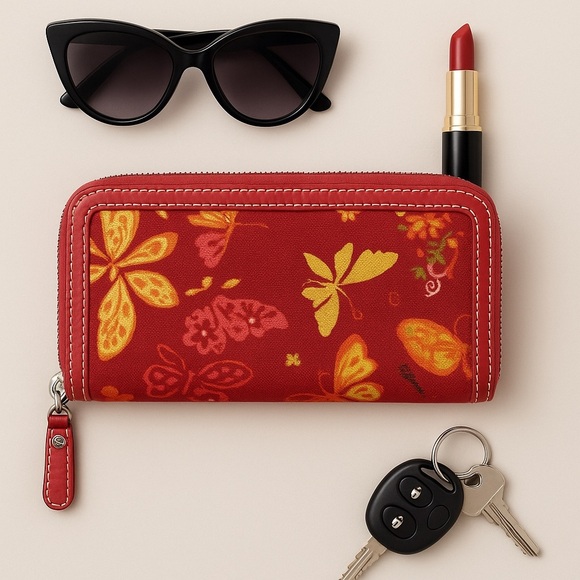 Brighton Handbags - Brighton Zip-Around Wallet – Red Butterfly Print with Leather Trim